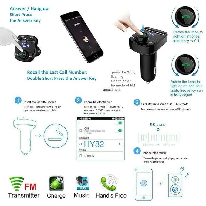 Hands-Free Wireless Bluetooth -Transmitter 2.1 A Dual USB Port